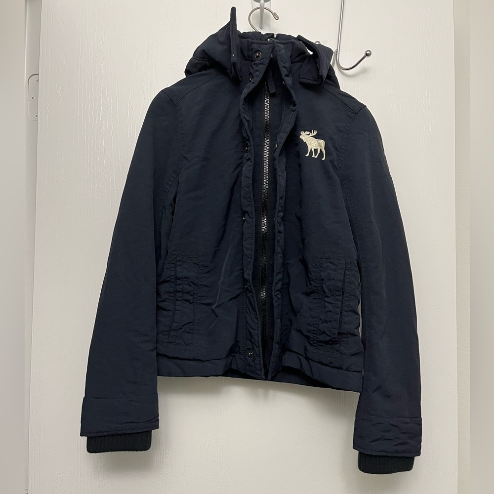 Abercrombie & Fitch Navy Hooded Puffer Jacket with White Logo